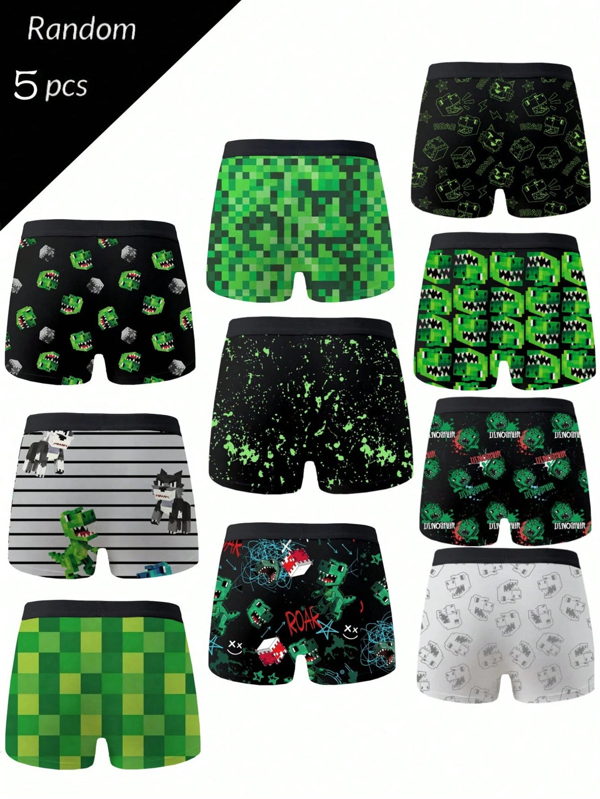 5pcs Random Teen Boys Black Comfortable All-Season Pixel Dinosaur Monster Print Underwear Set, Skin-Friendly Knitted Fabric Elastic Boxer Briefs