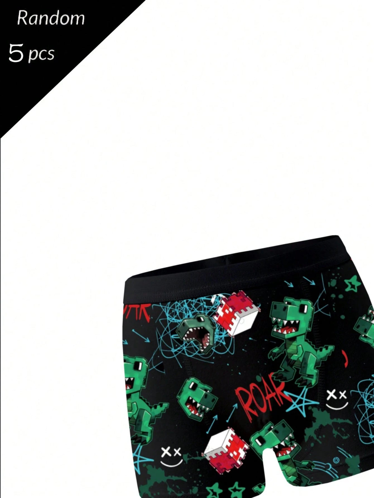 5pcs Random Teen Boys Black Comfortable All-Season Pixel Dinosaur Monster Print Underwear Set, Skin-Friendly Knitted Fabric Elastic Boxer Briefs
