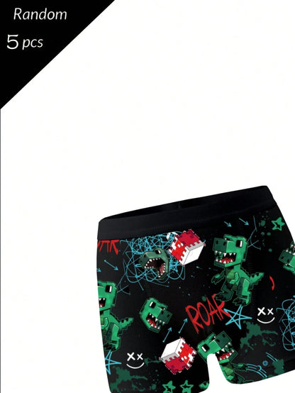 5pcs Random Teen Boys Black Comfortable All-Season Pixel Dinosaur Monster Print Underwear Set, Skin-Friendly Knitted Fabric Elastic Boxer Briefs