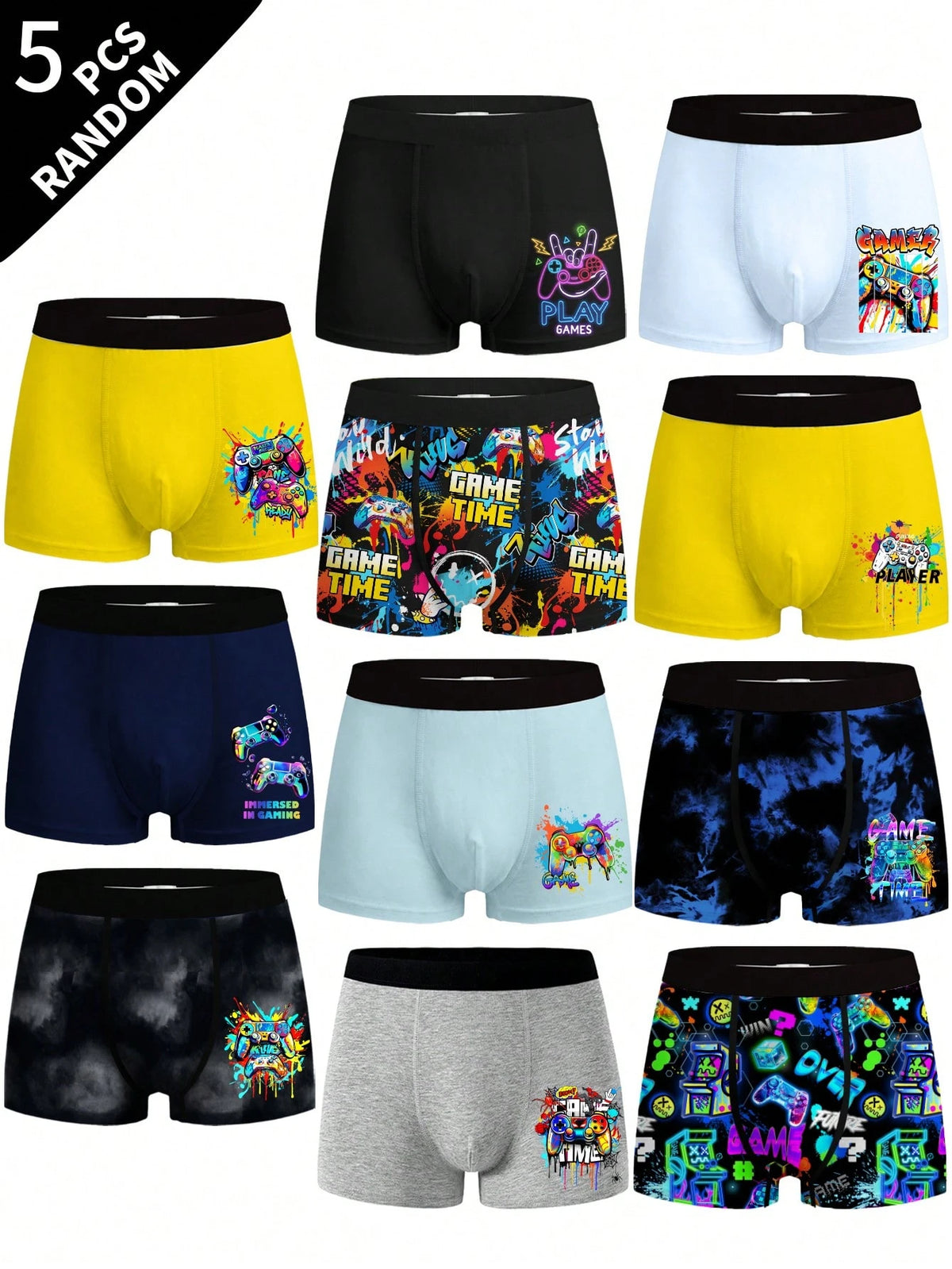 5pcs Random Teen Boys Black Comfortable All-Season Pixel Dinosaur Monster Print Underwear Set, Skin-Friendly Knitted Fabric Elastic Boxer Briefs
