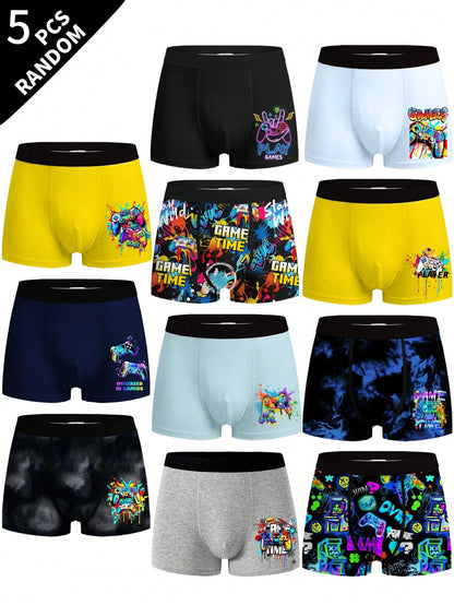 5pcs Random Teen Boys Black Comfortable All-Season Pixel Dinosaur Monster Print Underwear Set, Skin-Friendly Knitted Fabric Elastic Boxer Briefs