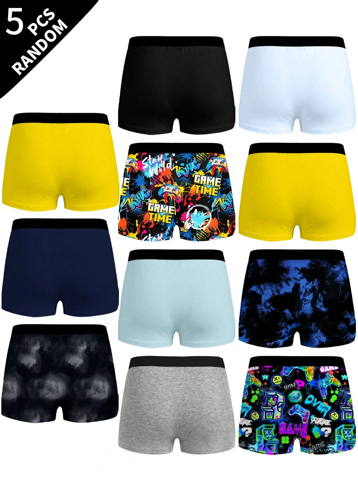 5pcs Random Teen Boys Black Comfortable All-Season Pixel Dinosaur Monster Print Underwear Set, Skin-Friendly Knitted Fabric Elastic Boxer Briefs