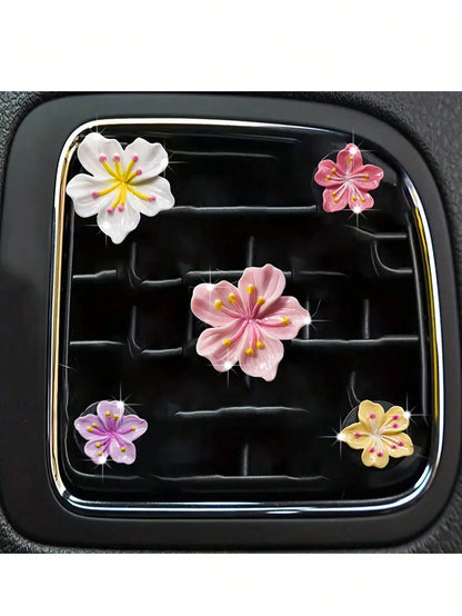 5pcs/Set Fresh Peach Blossom Decoration Car Air Vent Clip, Car Air Freshener Decor
