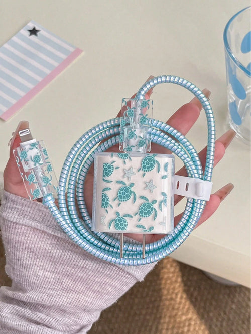 5pcs Turtle Pattern 20W Charger Protector Set, Compatible With IPhone 17/16/17 Pro Max/15/14/13/11 Charger Case, Data Cable Protective Cord, Prevents Breakage, Transparent TPU Soft Case
