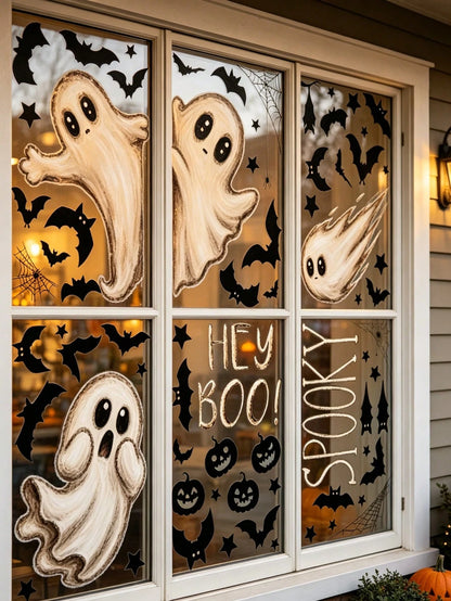 6 Large Halloween Stickers, Ghost Theme Design Window Decals, Cute Ghost Style Halloween Window Stickers, Halloween Party Decoration, Halloween Street Scene Window Display Stickers, Halloween Party Su