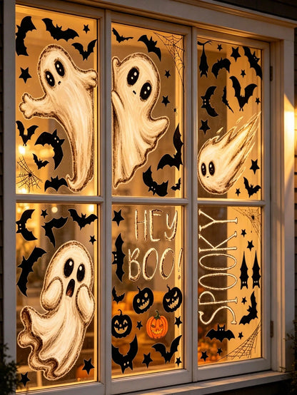 6 Large Halloween Stickers, Ghost Theme Design Window Decals, Cute Ghost Style Halloween Window Stickers, Halloween Party Decoration, Halloween Street Scene Window Display Stickers, Halloween Party Su