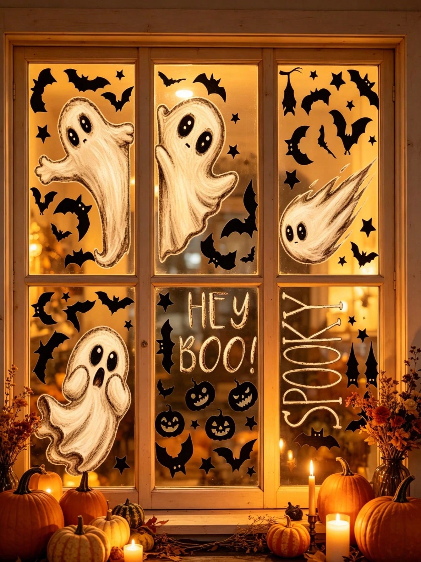 6 Large Halloween Stickers, Ghost Theme Design Window Decals, Cute Ghost Style Halloween Window Stickers, Halloween Party Decoration, Halloween Street Scene Window Display Stickers, Halloween Party Su