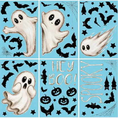 6 Large Halloween Stickers, Ghost Theme Design Window Decals, Cute Ghost Style Halloween Window Stickers, Halloween Party Decoration, Halloween Street Scene Window Display Stickers, Halloween Party Su