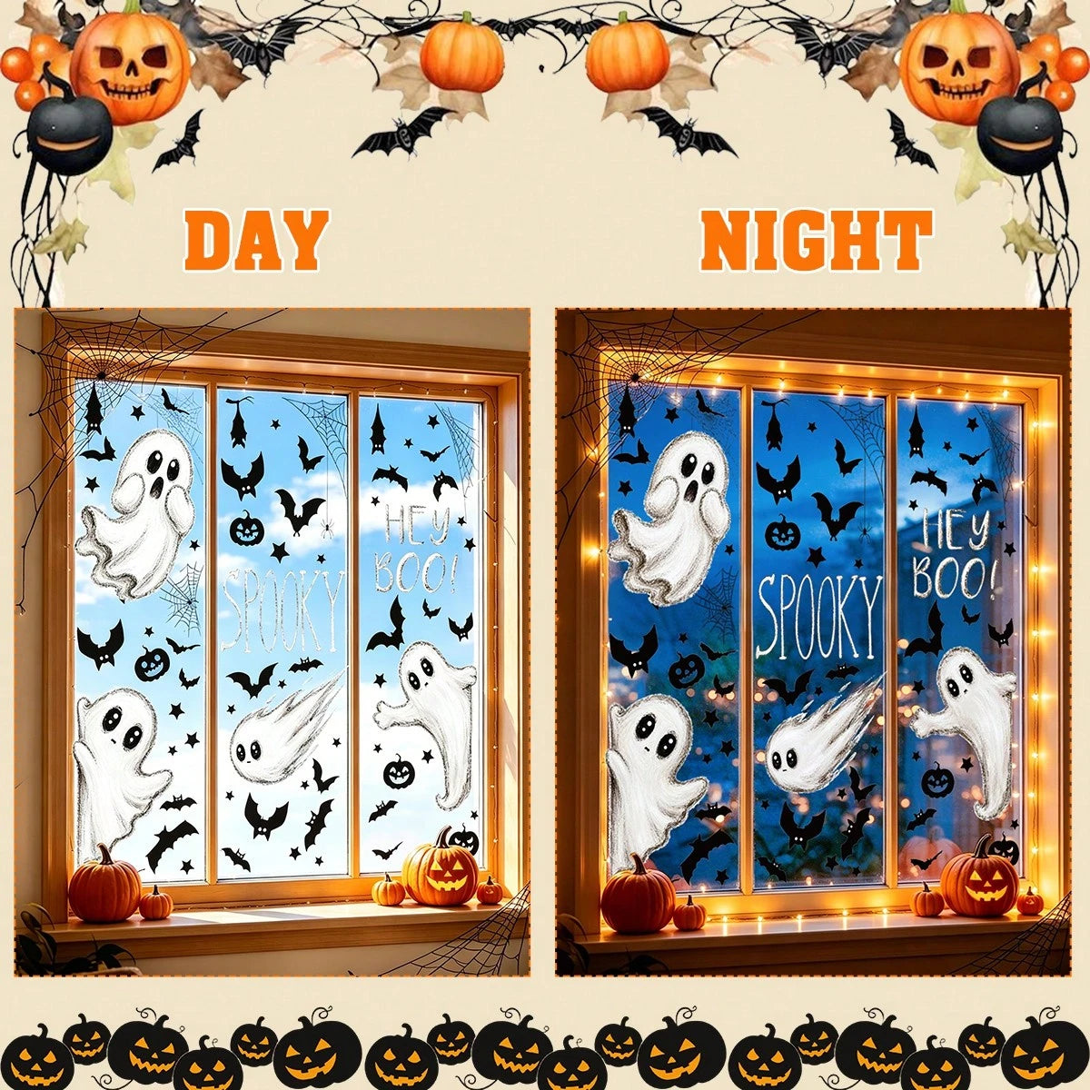 6 Large Halloween Stickers, Ghost Theme Design Window Decals, Cute Ghost Style Halloween Window Stickers, Halloween Party Decoration, Halloween Street Scene Window Display Stickers, Halloween Party Su