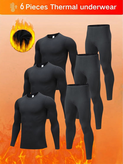 6 Pcs Men's Thermal Underwear Set With Autumn And Winter Velvet Thermal Underwear Set, Men's Round Neck Long Sleeve Home Sleepwear Base Shirt, Winter Outdoor Sports Skiing Hunting Equipment Thermal B