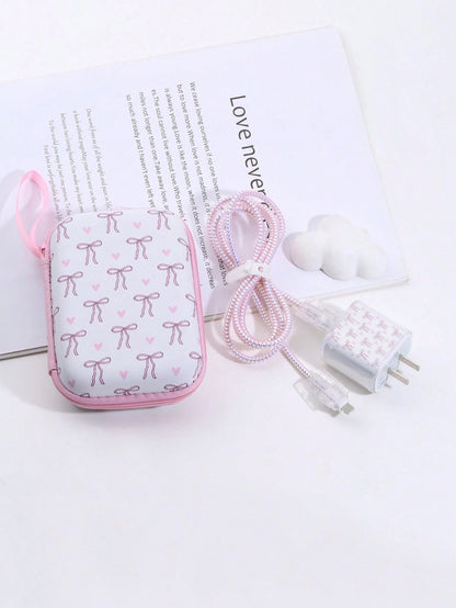 6 Pieces Bow Line Cable Organizer Set, Data Cable Protective Sleeve + Organizer Pouch, Mobile Phone Data Cable Protector, Cord Winder Fixer Anti-Breaking Cable Charger Head Protector