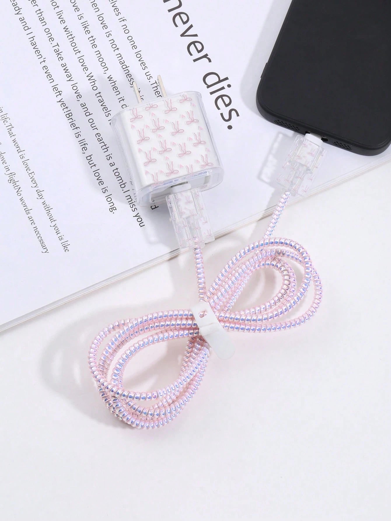 6 Pieces Bow Line Cable Organizer Set, Data Cable Protective Sleeve + Organizer Pouch, Mobile Phone Data Cable Protector, Cord Winder Fixer Anti-Breaking Cable Charger Head Protector