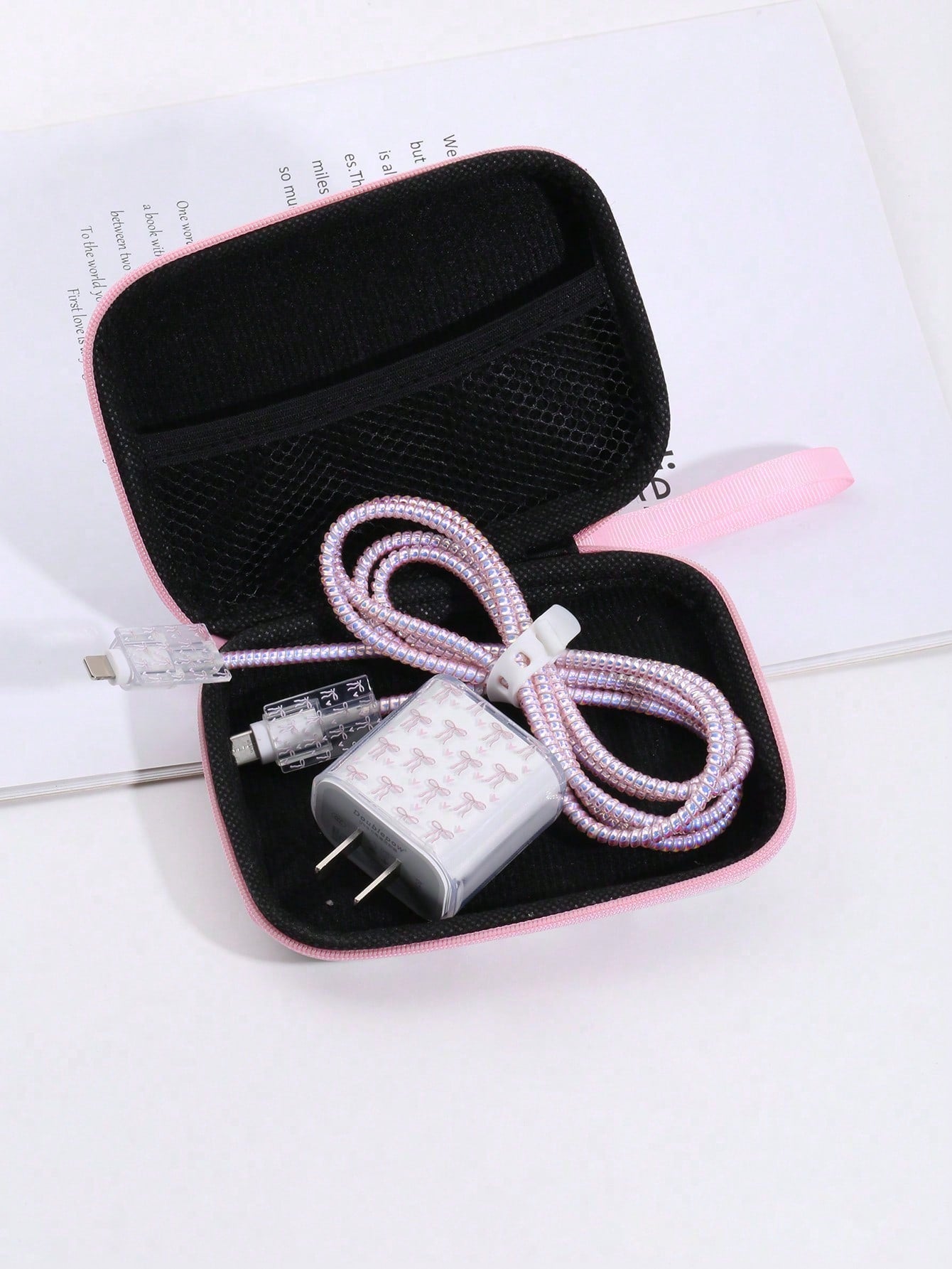 6 Pieces Bow Line Cable Organizer Set, Data Cable Protective Sleeve + Organizer Pouch, Mobile Phone Data Cable Protector, Cord Winder Fixer Anti-Breaking Cable Charger Head Protector