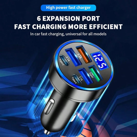 6 Ports USB Car Charger, 4 USB-A Ports And 2 Type-C Ports Multi Port Car Adapter, Multi-Port Fast Charging With Real-Time Voltage Display, Intelligent Phone Charger For Smartphones Tablets- Essential
