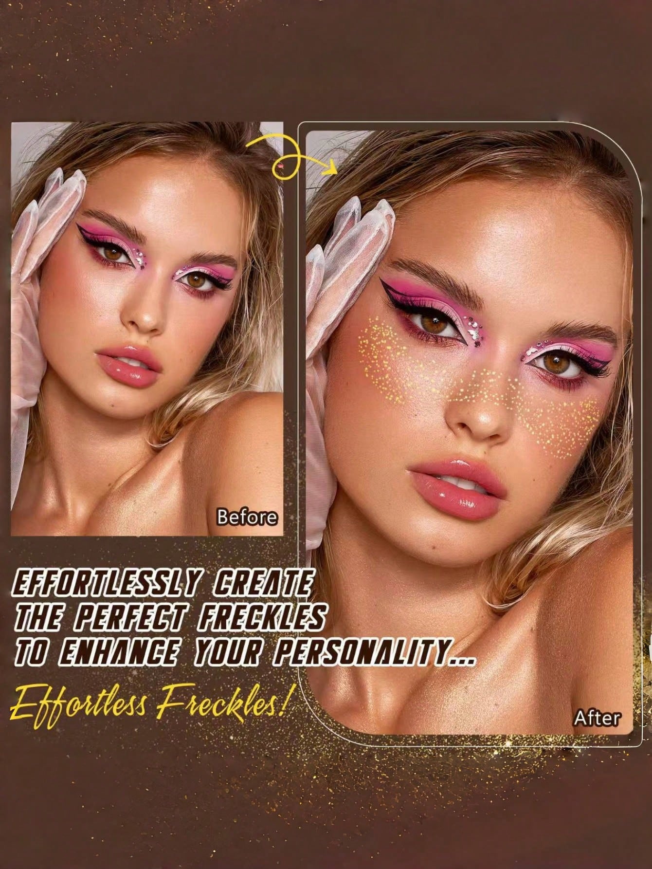 6 Sheets Gold Freckles Glitter Freckles Gold Sparkle Freckles For Women Glitter Freckles Face Tattoo Waterproof Suitable For Dance Music Party Makeup Summer Valentine Day Easter Accessories