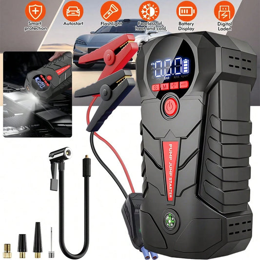 6000mAh Jump Starter With Air Compressor 150PSI 600A Peak 1000A Portable Car Battery Jumper Starter For 12V Gas Diesel Engine Tire Inflator Power Bank LED Light USB Output Type-C Black