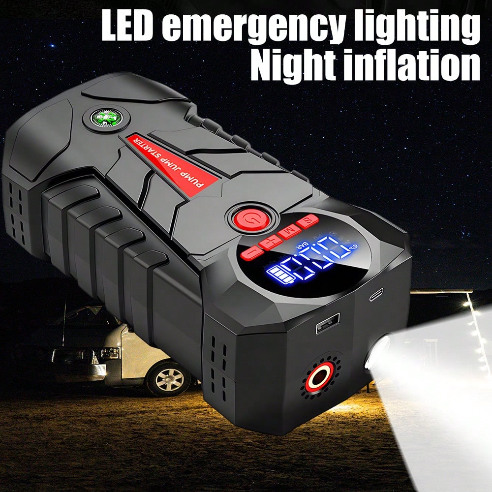 6000mAh Jump Starter With Air Compressor 150PSI 600A Peak 1000A Portable Car Battery Jumper Starter For 12V Gas Diesel Engine Tire Inflator Power Bank LED Light USB Output Type-C Black