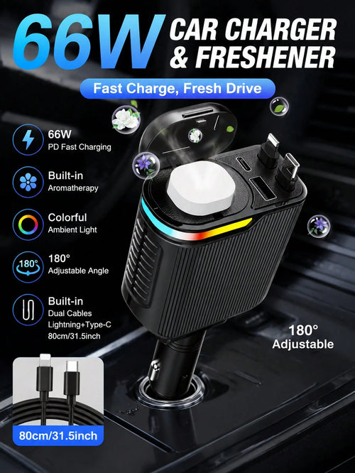 66W 5-In-1 Car Charger, Retractable Type C And Lightning Fast Charging Cable Adapter, Dual USB Port Car Phone Charger With Car Fragrance Diffuser Function, 12V Car Charging Accessory, Compatible With