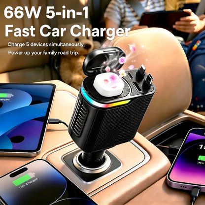 66W 5-In-1 Car Charger, Retractable Type C And Lightning Fast Charging Cable Adapter, Dual USB Port Car Phone Charger With Car Fragrance Diffuser Function, 12V Car Charging Accessory, Compatible With