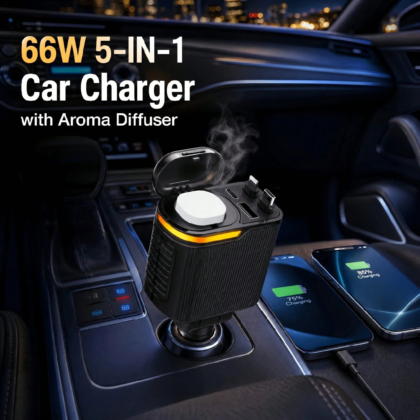 66W 5-In-1 Car Charger, Retractable Type C And Lightning Fast Charging Cable Adapter, Dual USB Port Car Phone Charger With Car Fragrance Diffuser Function, 12V Car Charging Accessory, Compatible With
