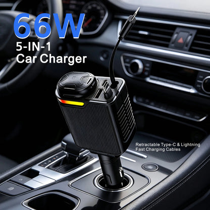 66W 5-In-1 Car Charger, Retractable Type C And Lightning Fast Charging Cable Adapter, Dual USB Port Car Phone Charger With Car Fragrance Diffuser Function, 12V Car Charging Accessory, Compatible With