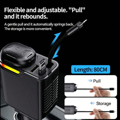 66W 5-In-1 Car Charger, Retractable Type C And Lightning Fast Charging Cable Adapter, Dual USB Port Car Phone Charger With Car Fragrance Diffuser Function, 12V Car Charging Accessory, Compatible With