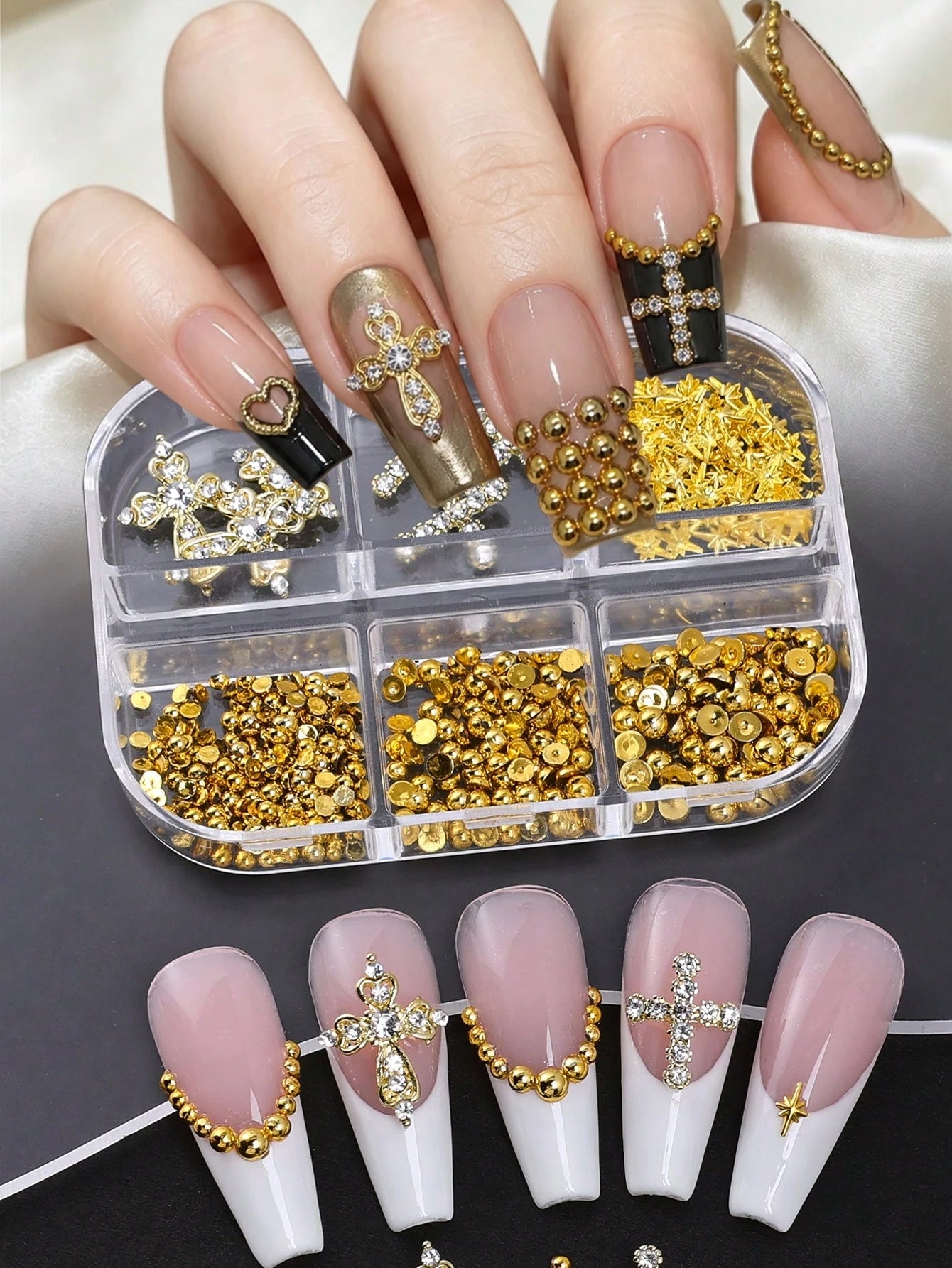 6Grids Gold Metal Nail Charms Set, Rhinestone Cross Nail Ornaments, Mini Star Studs Gold Round Metal Beads Nail Decoration, Vintage Y2K Nail Accessories For DIY Manicure Press On Nails, Halloween Nail
