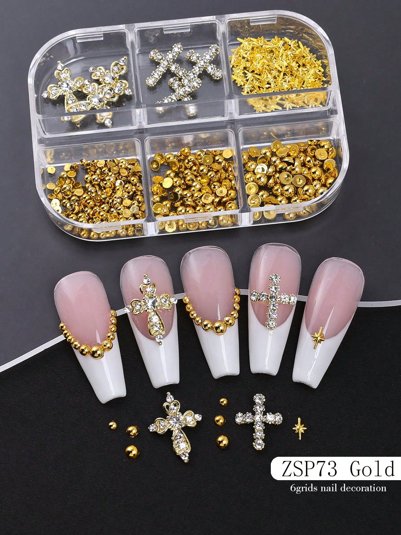 6Grids Gold Metal Nail Charms Set, Rhinestone Cross Nail Ornaments, Mini Star Studs Gold Round Metal Beads Nail Decoration, Vintage Y2K Nail Accessories For DIY Manicure Press On Nails, Halloween Nail