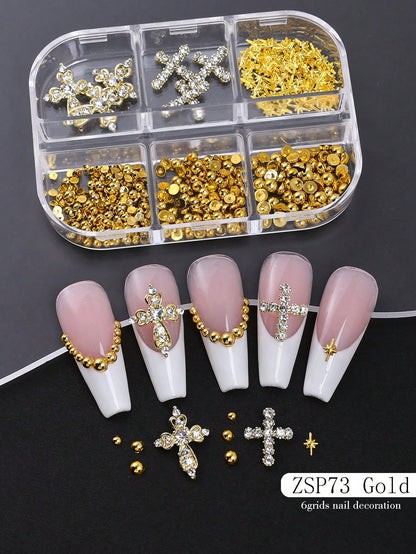 6Grids Gold Metal Nail Charms Set, Rhinestone Cross Nail Ornaments, Mini Star Studs Gold Round Metal Beads Nail Decoration, Vintage Y2K Nail Accessories For DIY Manicure Press On Nails, Halloween Nail
