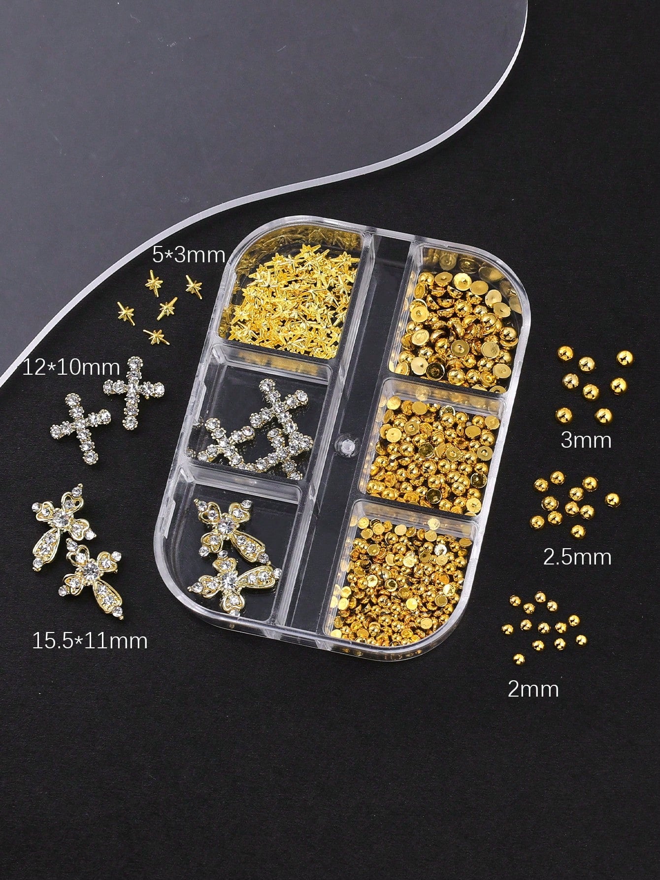 6Grids Gold Metal Nail Charms Set, Rhinestone Cross Nail Ornaments, Mini Star Studs Gold Round Metal Beads Nail Decoration, Vintage Y2K Nail Accessories For DIY Manicure Press On Nails, Halloween Nail