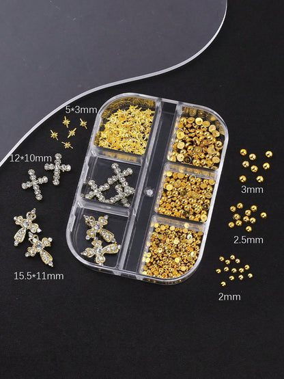 6Grids Gold Metal Nail Charms Set, Rhinestone Cross Nail Ornaments, Mini Star Studs Gold Round Metal Beads Nail Decoration, Vintage Y2K Nail Accessories For DIY Manicure Press On Nails, Halloween Nail