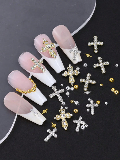 6Grids Gold Metal Nail Charms Set, Rhinestone Cross Nail Ornaments, Mini Star Studs Gold Round Metal Beads Nail Decoration, Vintage Y2K Nail Accessories For DIY Manicure Press On Nails, Halloween Nail
