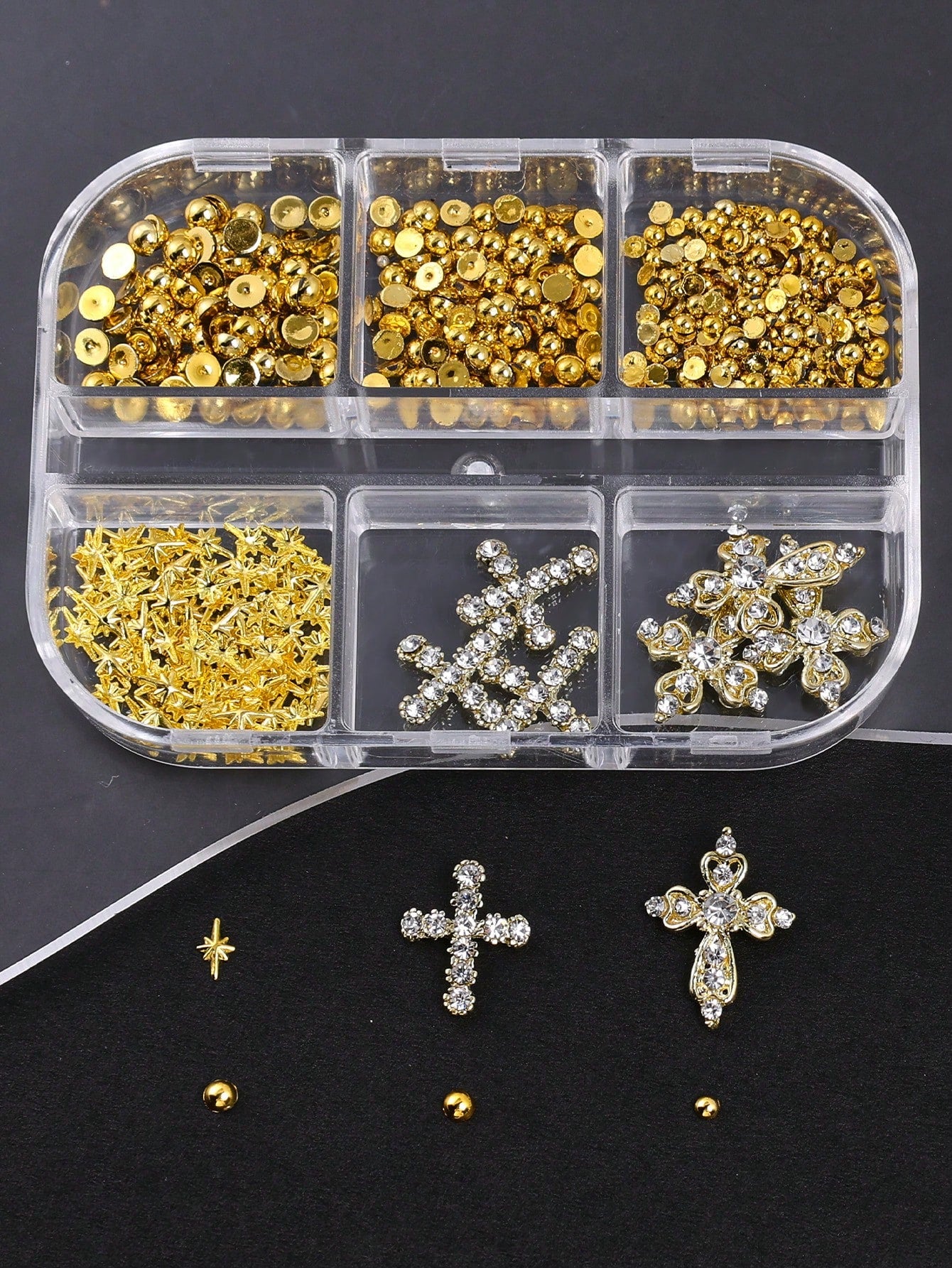 6Grids Gold Metal Nail Charms Set, Rhinestone Cross Nail Ornaments, Mini Star Studs Gold Round Metal Beads Nail Decoration, Vintage Y2K Nail Accessories For DIY Manicure Press On Nails, Halloween Nail