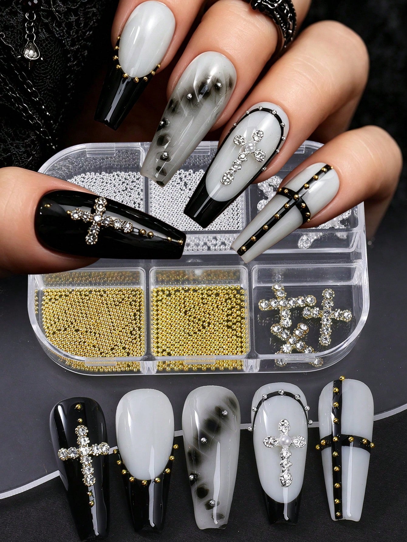6Grids Gold Metal Nail Charms Set, Rhinestone Cross Nail Ornaments, Mini Star Studs Gold Round Metal Beads Nail Decoration, Vintage Y2K Nail Accessories For DIY Manicure Press On Nails, Halloween Nail