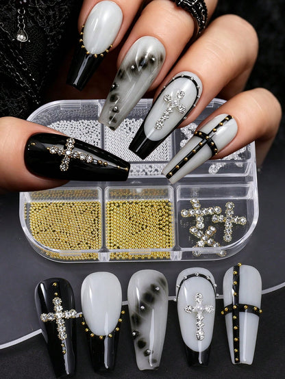 6Grids Gold Metal Nail Charms Set, Rhinestone Cross Nail Ornaments, Mini Star Studs Gold Round Metal Beads Nail Decoration, Vintage Y2K Nail Accessories For DIY Manicure Press On Nails, Halloween Nail