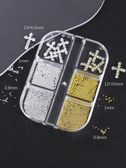 6Grids Gold Metal Nail Charms Set, Rhinestone Cross Nail Ornaments, Mini Star Studs Gold Round Metal Beads Nail Decoration, Vintage Y2K Nail Accessories For DIY Manicure Press On Nails, Halloween Nail