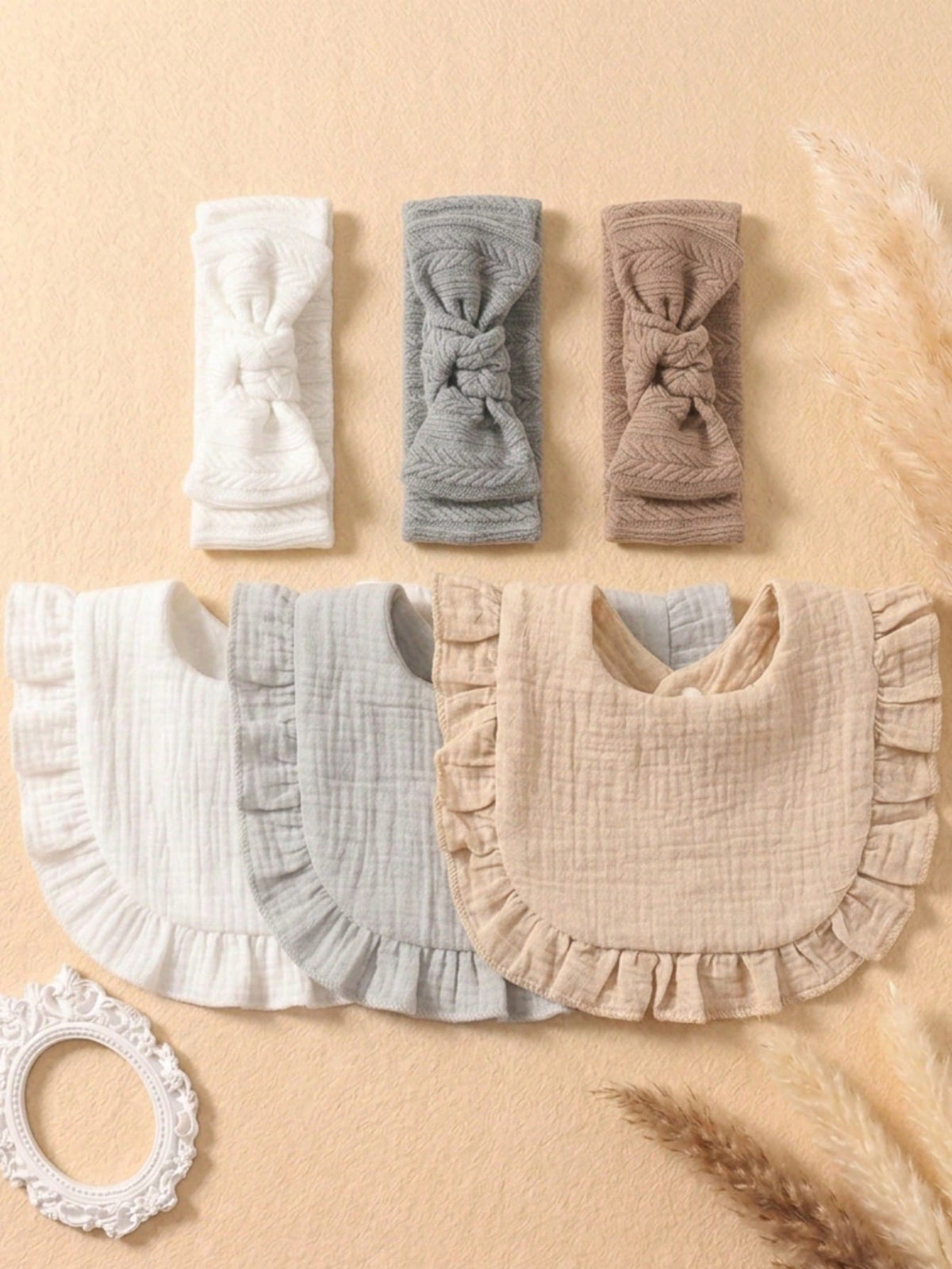 6PCS Girls Princess Summer Fresh Color Cute Ruffle Baby Bibs, Soft Skin-Friendly Baby Bow Headband, Newborn Fontanelle Protection Hair Accessory, Suitable For Daily Versatile Wear