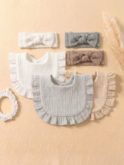 6PCS Girls Princess Summer Fresh Color Cute Ruffle Baby Bibs, Soft Skin-Friendly Baby Bow Headband, Newborn Fontanelle Protection Hair Accessory, Suitable For Daily Versatile Wear