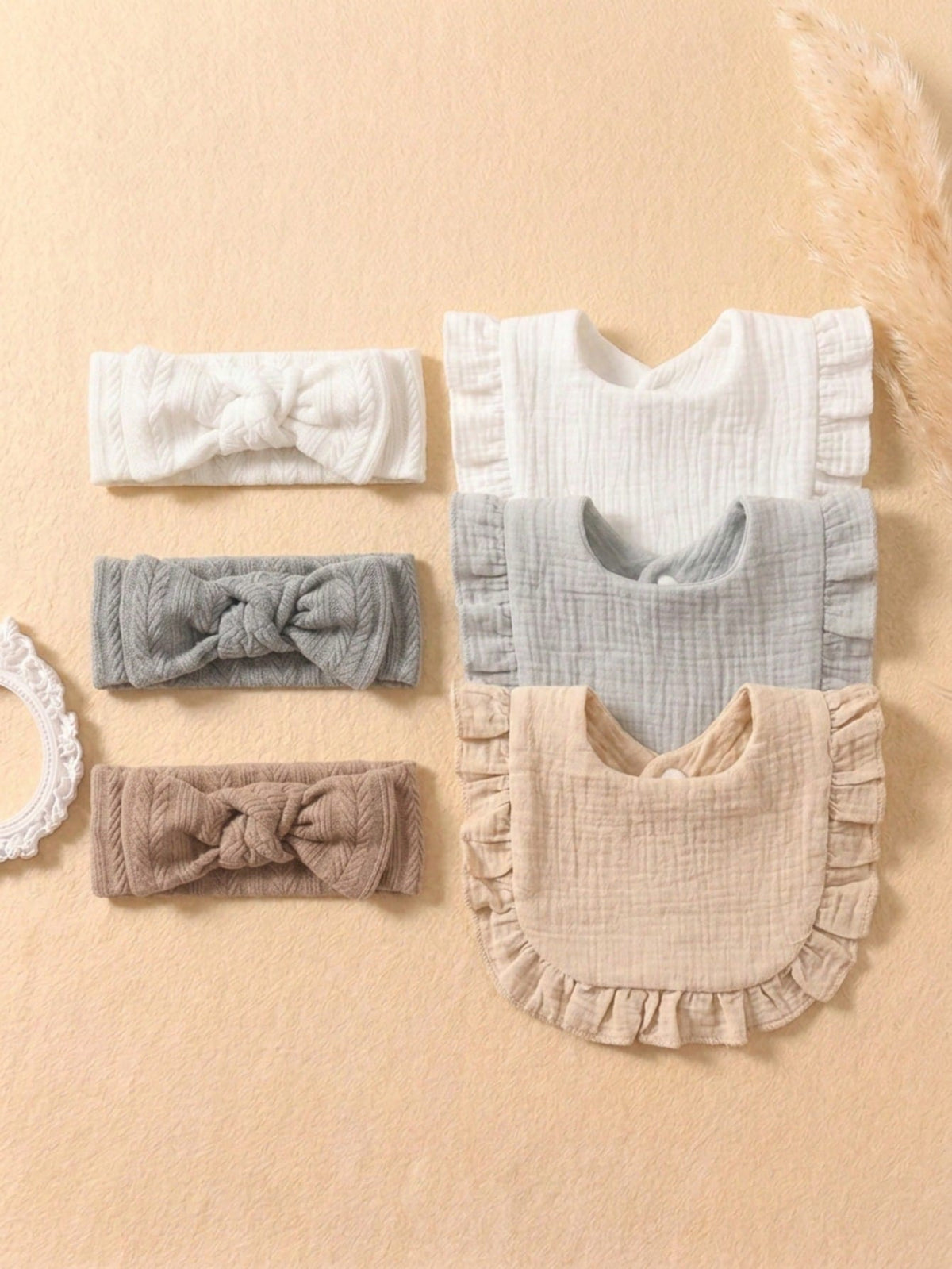 6PCS Girls Princess Summer Fresh Color Cute Ruffle Baby Bibs, Soft Skin-Friendly Baby Bow Headband, Newborn Fontanelle Protection Hair Accessory, Suitable For Daily Versatile Wear