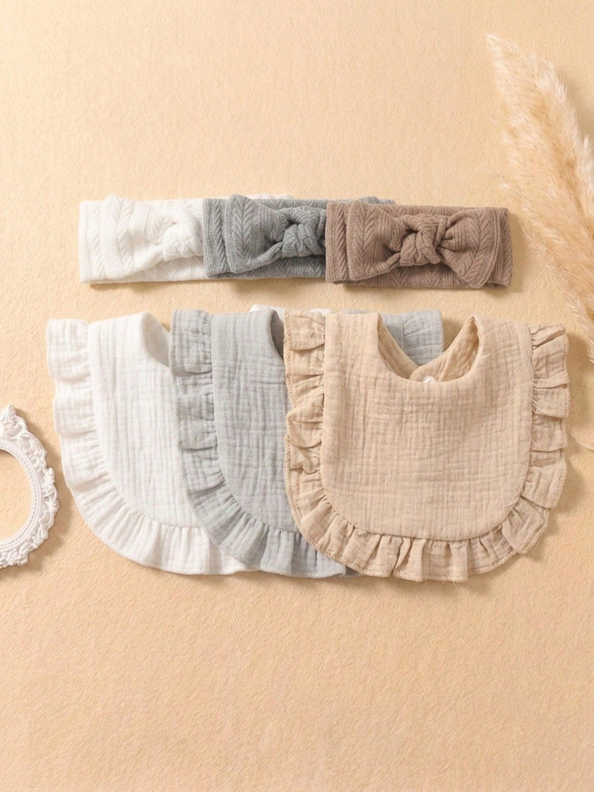 6PCS Girls Princess Summer Fresh Color Cute Ruffle Baby Bibs, Soft Skin-Friendly Baby Bow Headband, Newborn Fontanelle Protection Hair Accessory, Suitable For Daily Versatile Wear