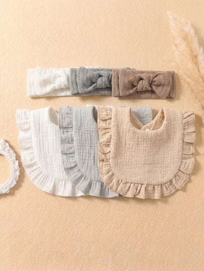 6PCS Girls Princess Summer Fresh Color Cute Ruffle Baby Bibs, Soft Skin-Friendly Baby Bow Headband, Newborn Fontanelle Protection Hair Accessory, Suitable For Daily Versatile Wear