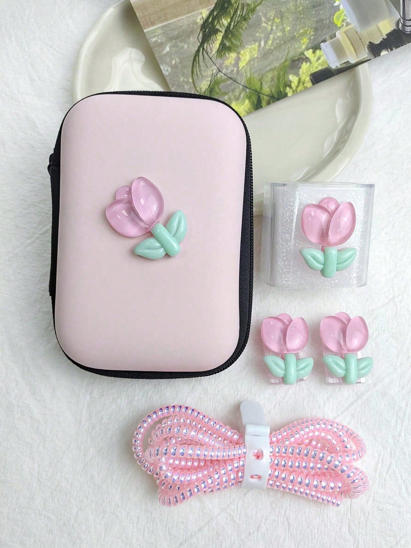 6pcs Pink/Light Purple Tulip Pattern Phone Charger Protective Case, Data Cable Organizer Pouch
