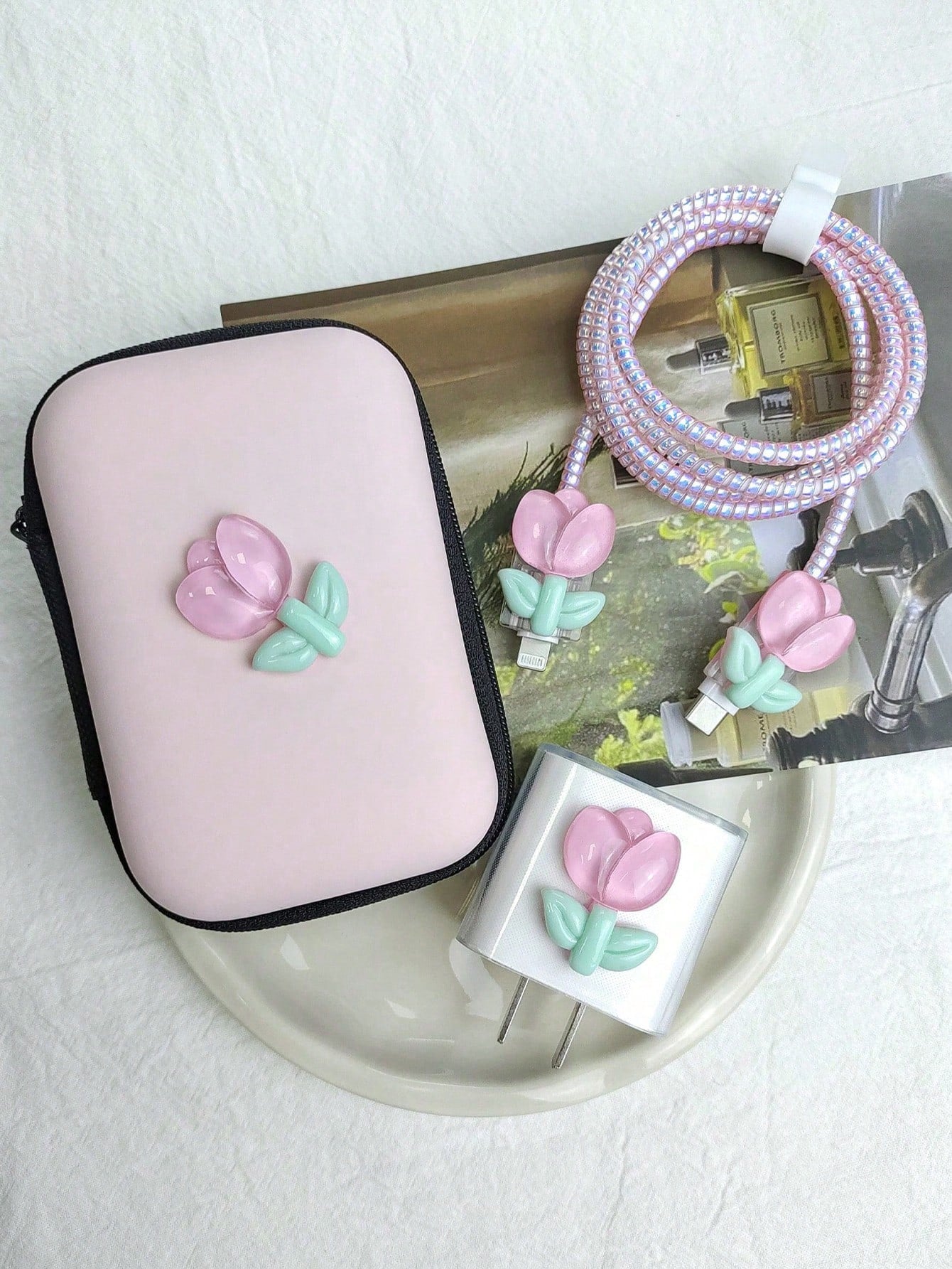 6pcs Pink/Light Purple Tulip Pattern Phone Charger Protective Case, Data Cable Organizer Pouch