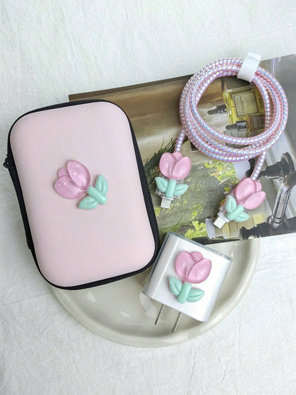 6pcs Pink/Light Purple Tulip Pattern Phone Charger Protective Case, Data Cable Organizer Pouch