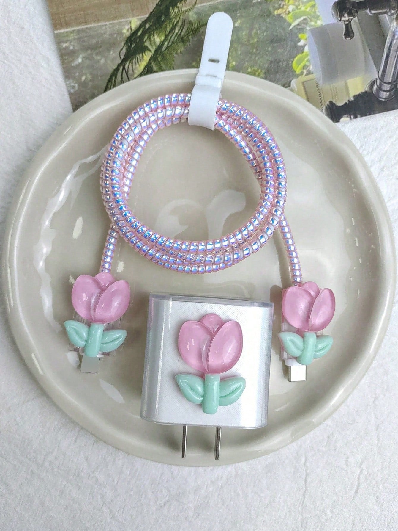 6pcs Pink/Light Purple Tulip Pattern Phone Charger Protective Case, Data Cable Organizer Pouch