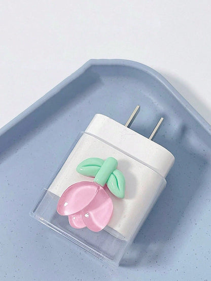 6pcs Pink/Light Purple Tulip Pattern Phone Charger Protective Case, Data Cable Organizer Pouch