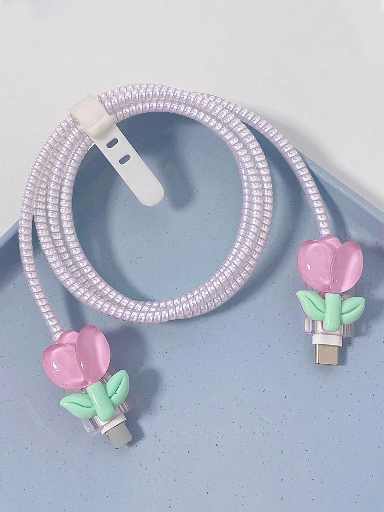 6pcs Pink/Light Purple Tulip Pattern Phone Charger Protective Case, Data Cable Organizer Pouch