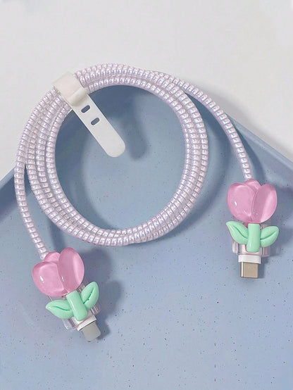 6pcs Pink/Light Purple Tulip Pattern Phone Charger Protective Case, Data Cable Organizer Pouch