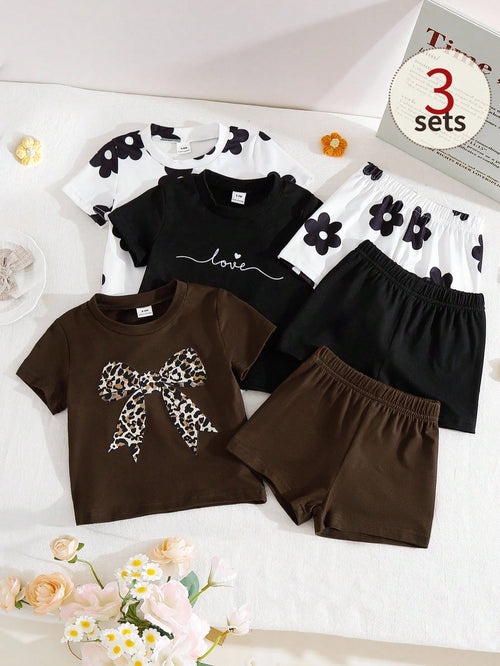 6pcs/Set Baby Girls Newborn Toddler 0-3 Years Spring Summer New Cute Bunny Solid & Striped T-Shirt Shorts Outfit Set