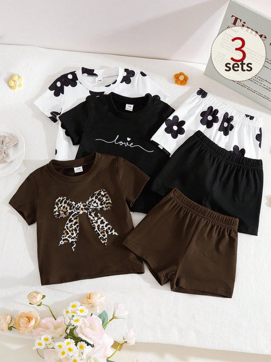 6pcs/Set Baby Girls Newborn Toddler 0-3 Years Spring Summer New Cute Bunny Solid & Striped T-Shirt Shorts Outfit Set